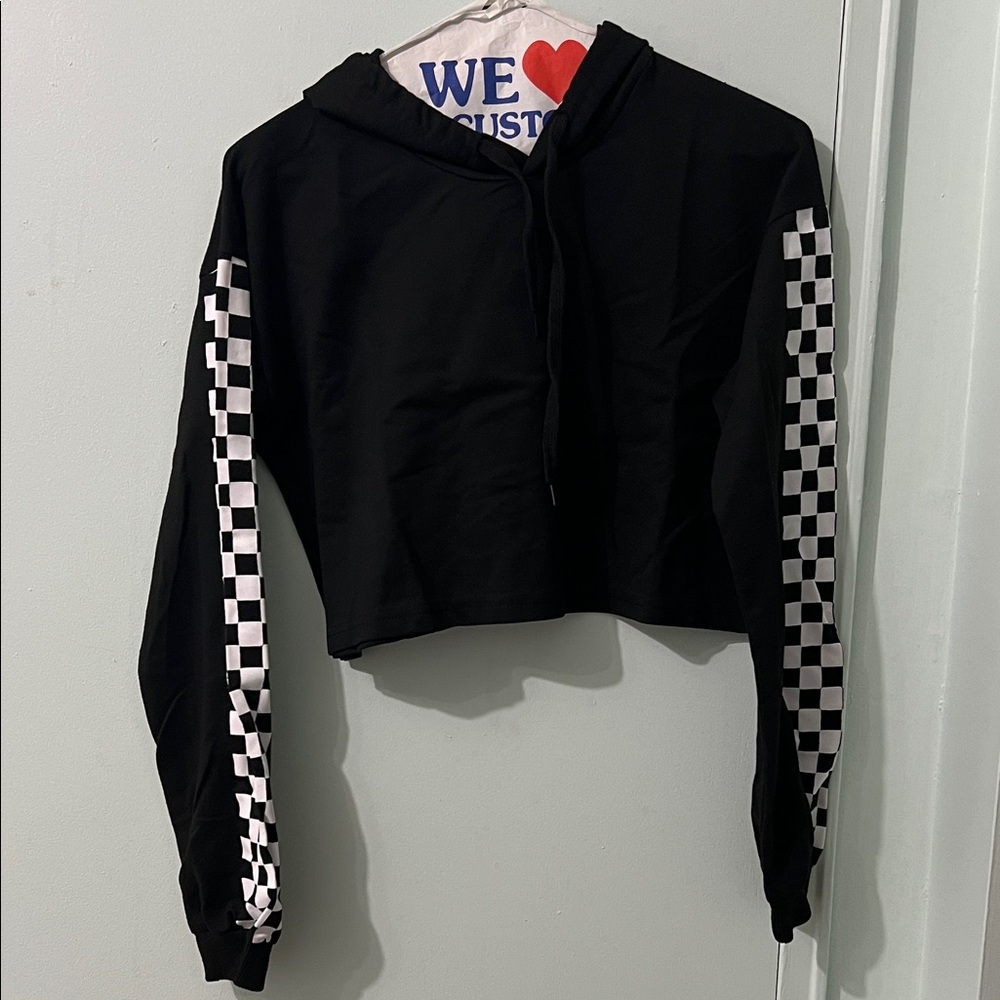 Black Cropped Hoodie with Checkered Sleeves